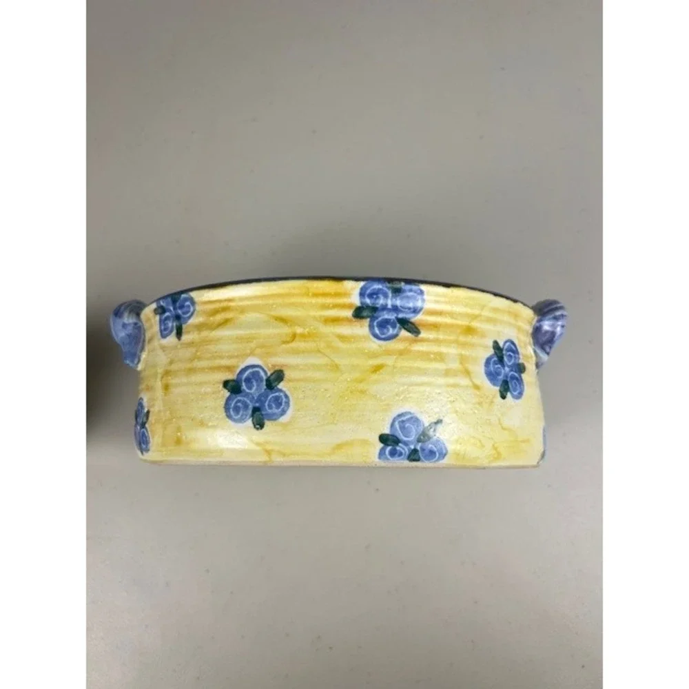 Hand Painted Yellow Blue Floral Ceramic Oval Serving Bowl Handles 10in‎ Signed